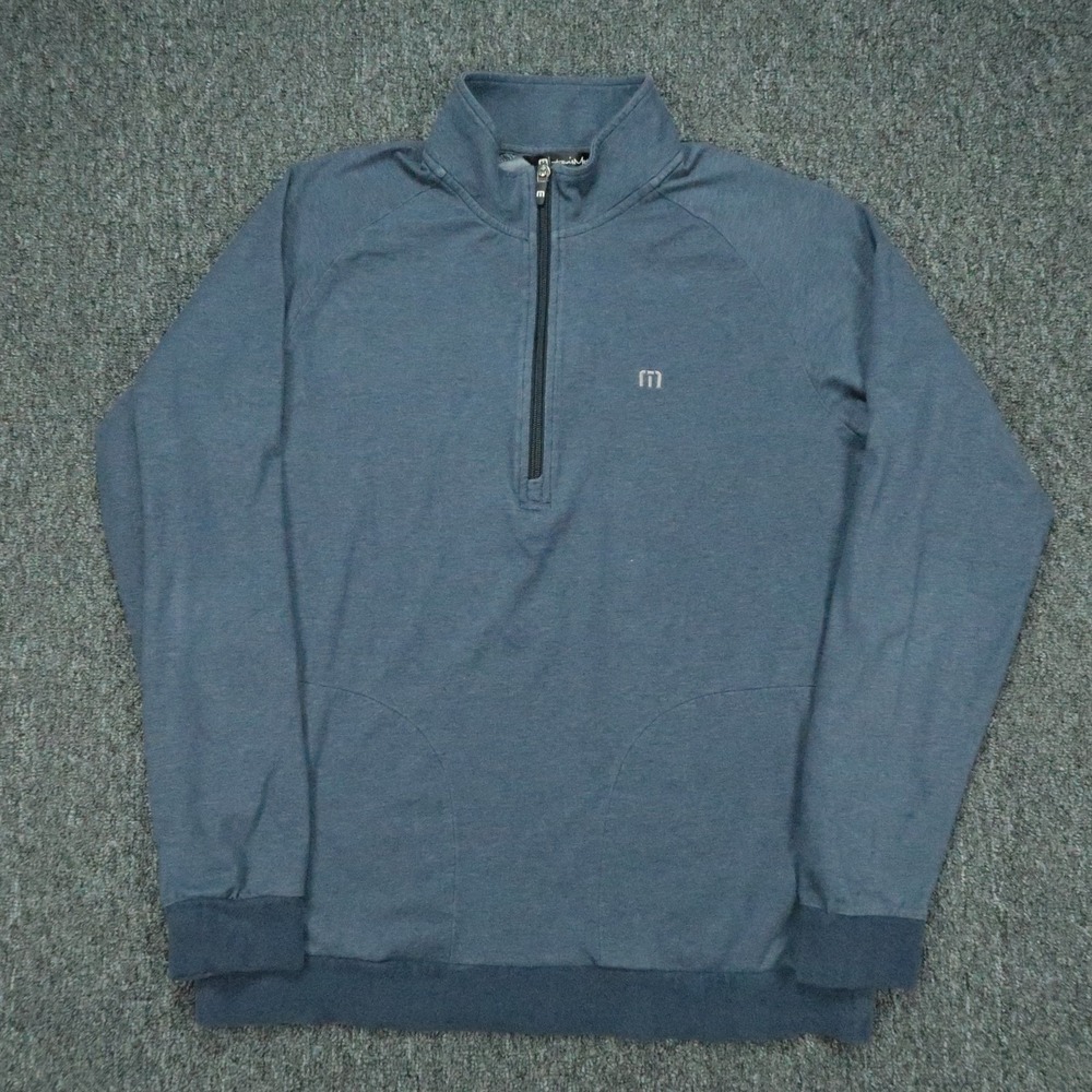 Travis Mathew Pullover Men Medium Blue Quarter Zip Athletic Golf Pockets Sweater